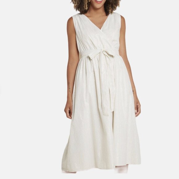 Modcloth - Joyful Individual Metallic Midi Dress Stripe Belted White - Picture 1 of 5